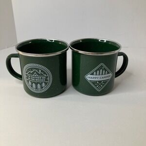 2 Bay Island Happy Camper Metal Coffee Mugs Id rather Be In the Woods Green